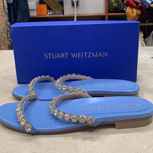 STUART WEITZMAN AMELIESE CRYSTAL PERIWINKLE LEATHER SANDALS W/SUEDE STRAPS 9.5 - Picture 4 of 9